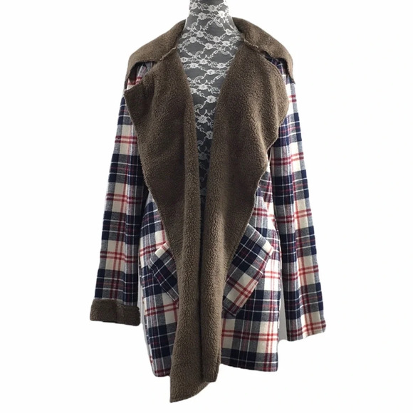 Hem & Thread Jackets & Blazers - Hem & Thread‎ Blue Plaid Flannel Jacket Womens Medium Drape Front